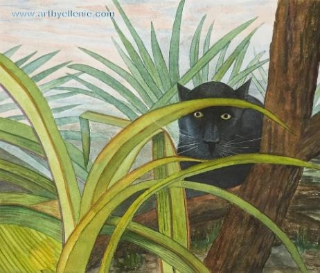 Black leopard partially concealed among tropical foliage artwork