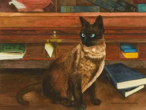 Black cat seated among books artwork