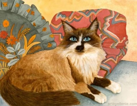 Siamese cat reclining on patterned pillows artwork