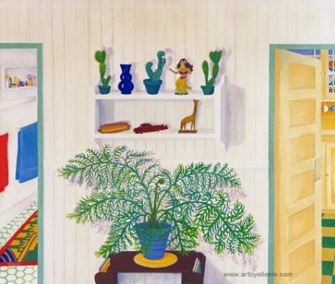 Fern in a blue pot on a table in a colorful interior artwork