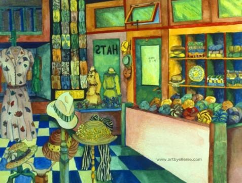 Colorful hat shop interior with a customer trying on a sun hat