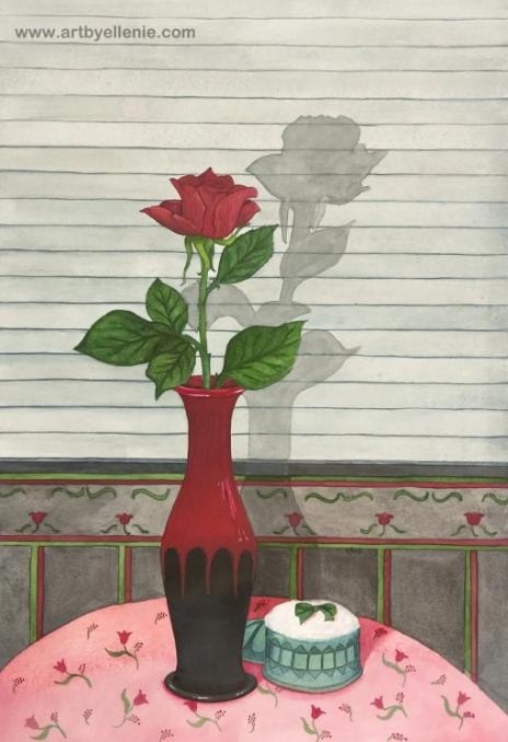 Red rose in a vase beside a small cake in an interior still life artwork