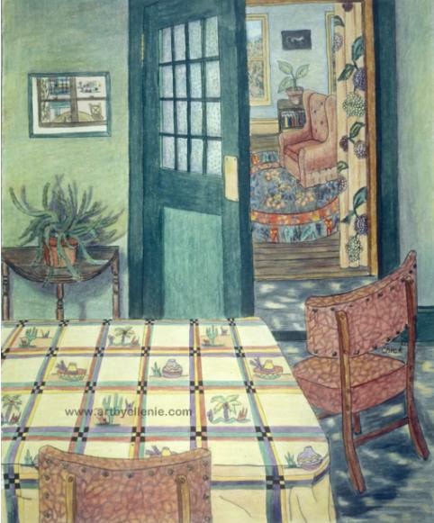 Table and chairs beside an open interior door artwork