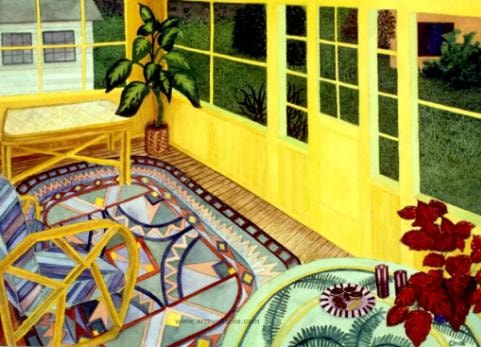 Colorful screened porch artwork with plants and patterned rugs