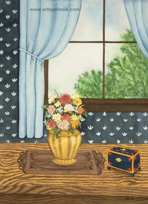 Secret box beside a flower vase on a table by a window with blue curtains