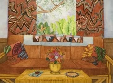 Colorful interior artwork with a flower vase on a table in front of a sofa