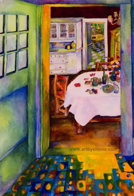 Colorful interior artwork viewed through a window, with a table and chairs