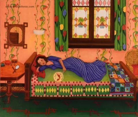 Colorful bedroom painting of a girl resting on a patterned bed