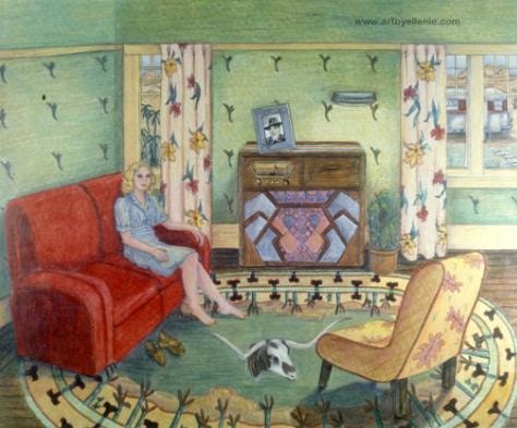 Illustrated living-room scene with a woman seated in a red chair and a dog on a patterned rug
