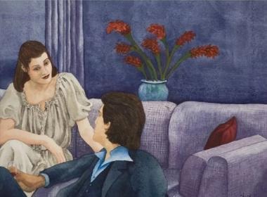 Illustrated artwork of two people in a living-room conversation