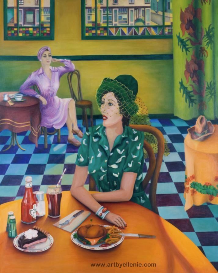 Colorful figurative painting of two women at a table